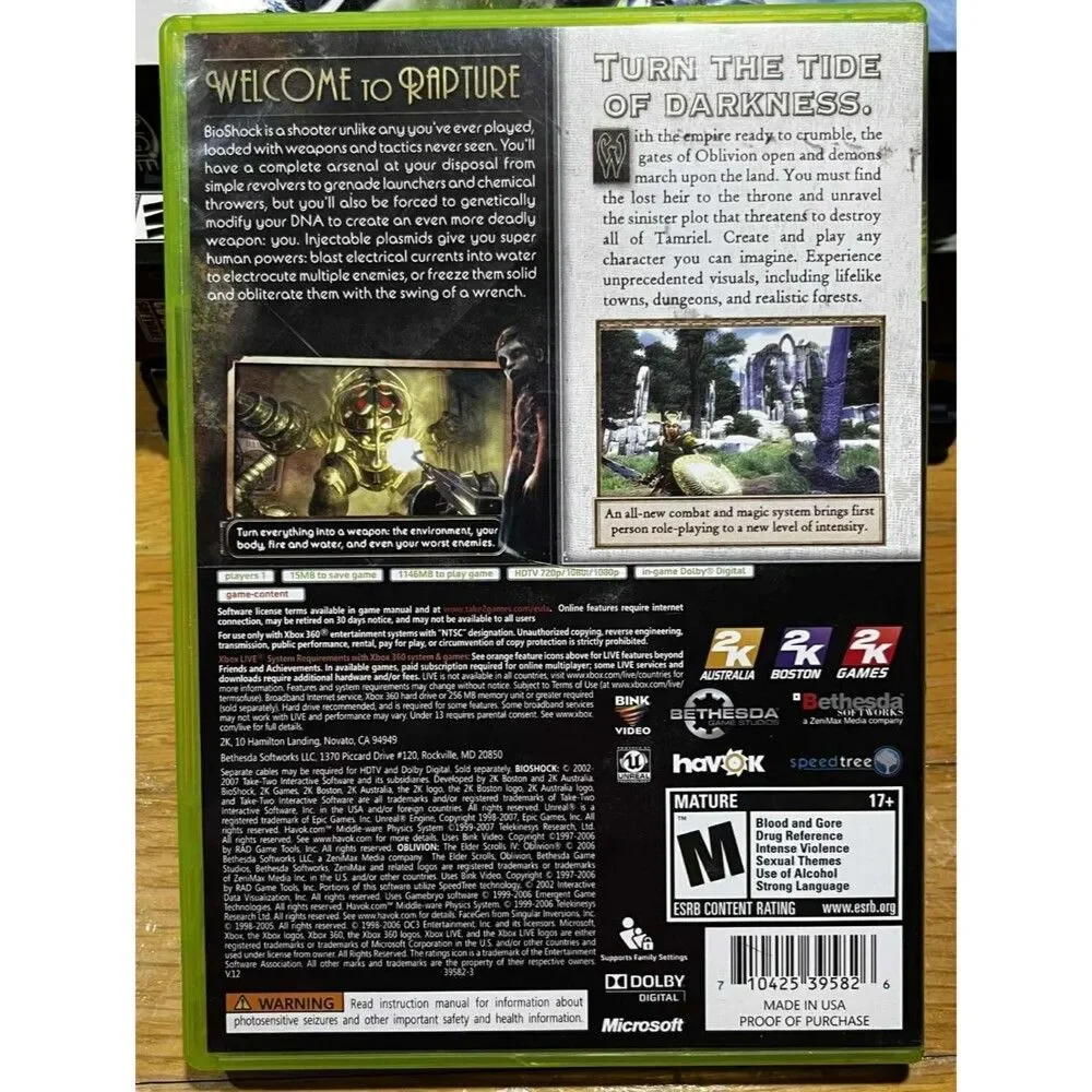 BIOSHOCK/THE ELDER SCROLLS IV: OBLIVION Bundle (Xbox 360, 2007) Missing Manual